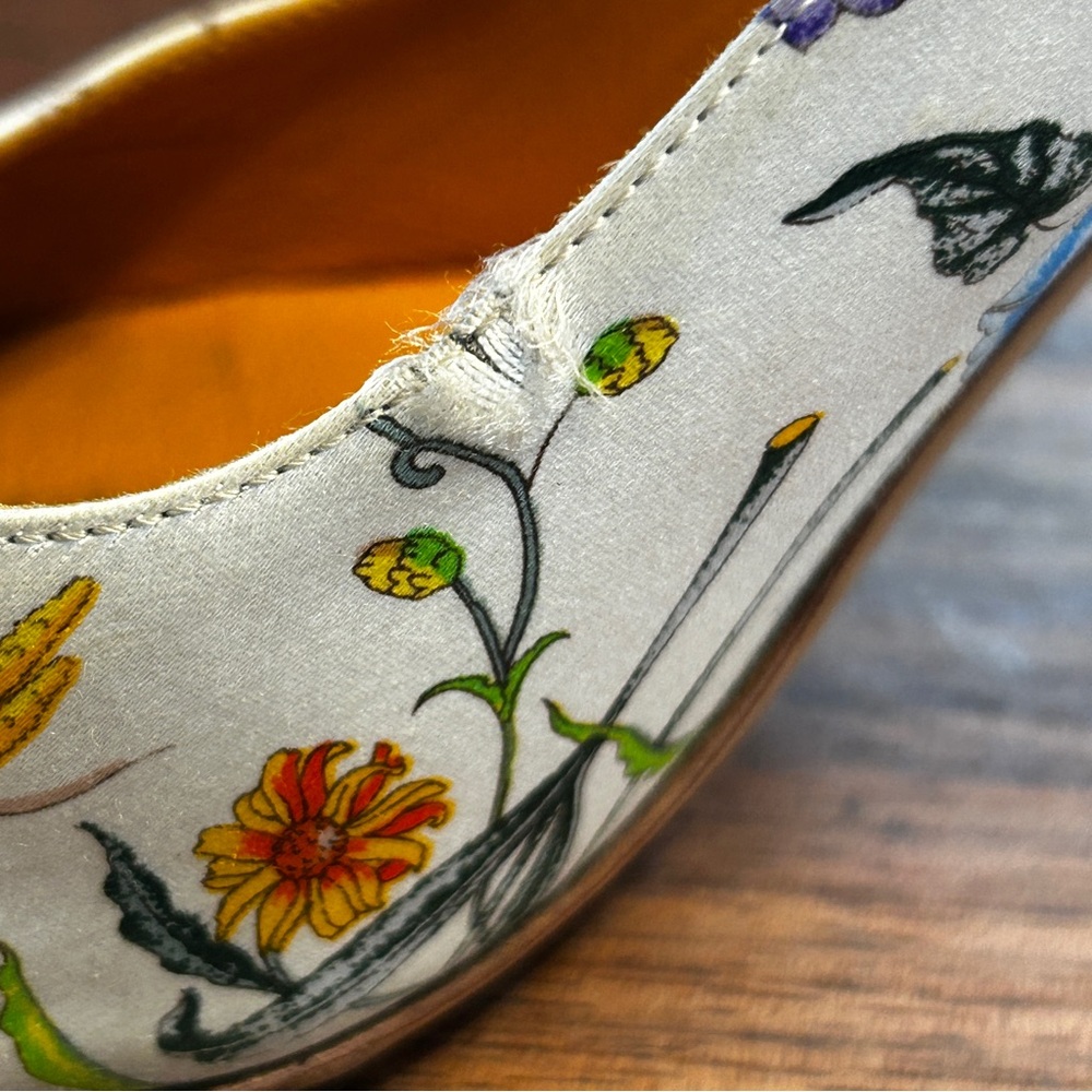 GUCCI Botanical Floral Flora Satin & Karung Horsebit Peep Toe Pumps 8 B Italy - Picture 8 of 11